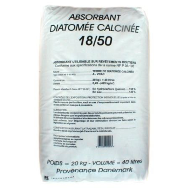 Absorbant terre diatomée 18/50, sac de 20 kg, homologué pour un usage routier 