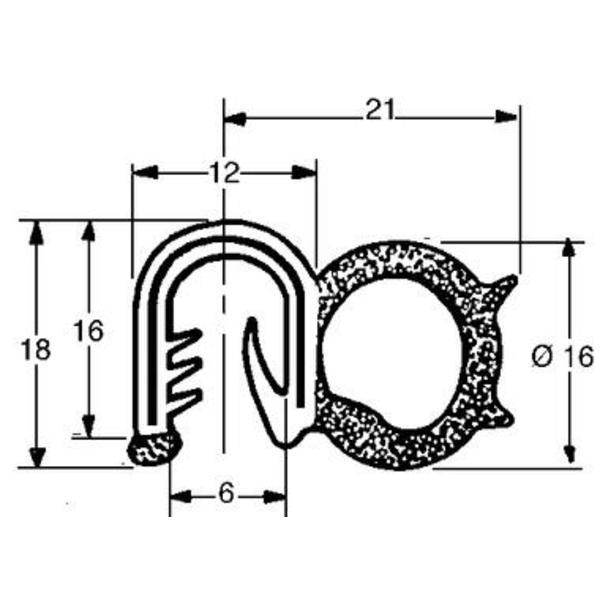 Joint clip EPDM noir, tube cellulaire 16, clip armé. Vendu par rouleau de 50 mètres